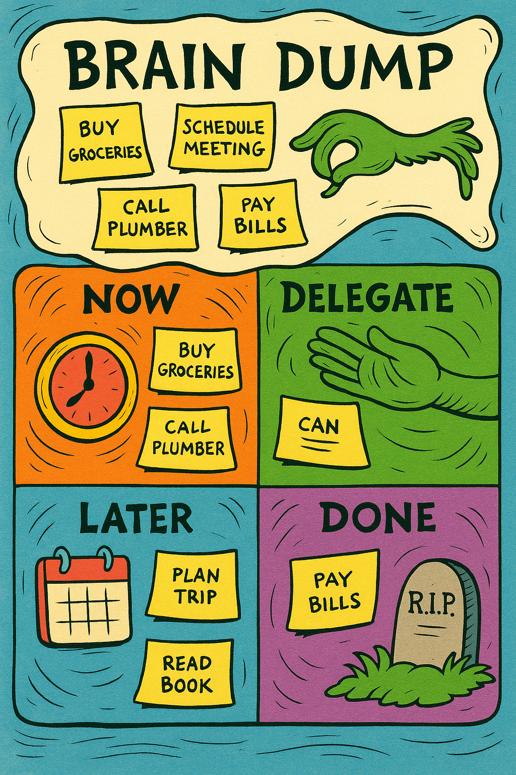 Illustrated Crumpit task board with brain dump, now, delegate, later, and done areas.
