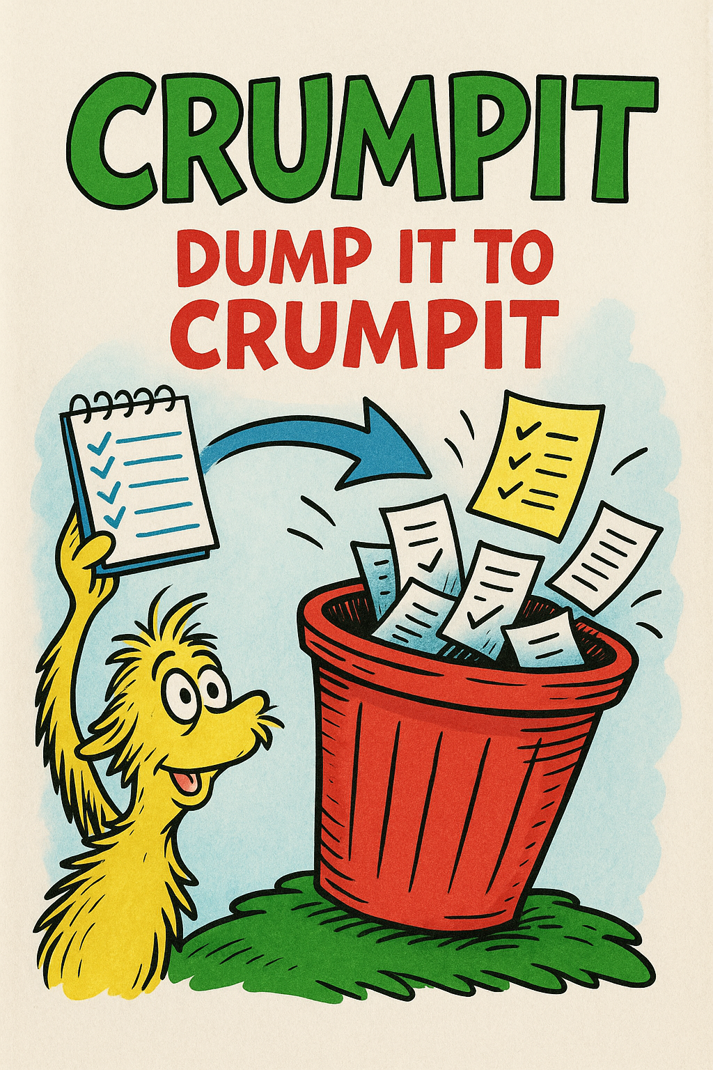 Illustration saying Dump it to Crumpit with papers flying into a red bin.
