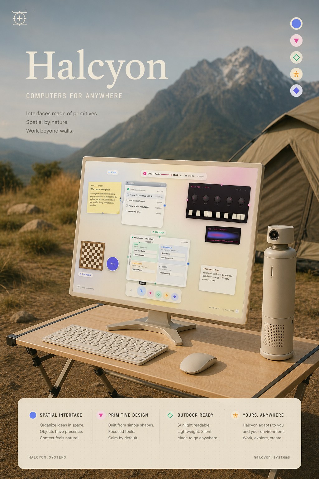 Halcyon outdoor field poster showing the spatial interface on a desktop at a mountain campsite.