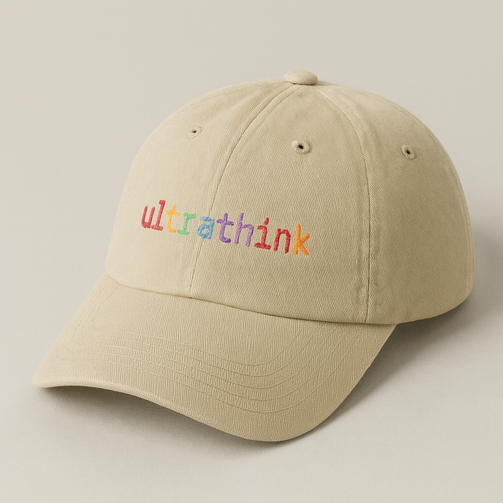 Beige cap embroidered with the word ultrathink in colorful letters.