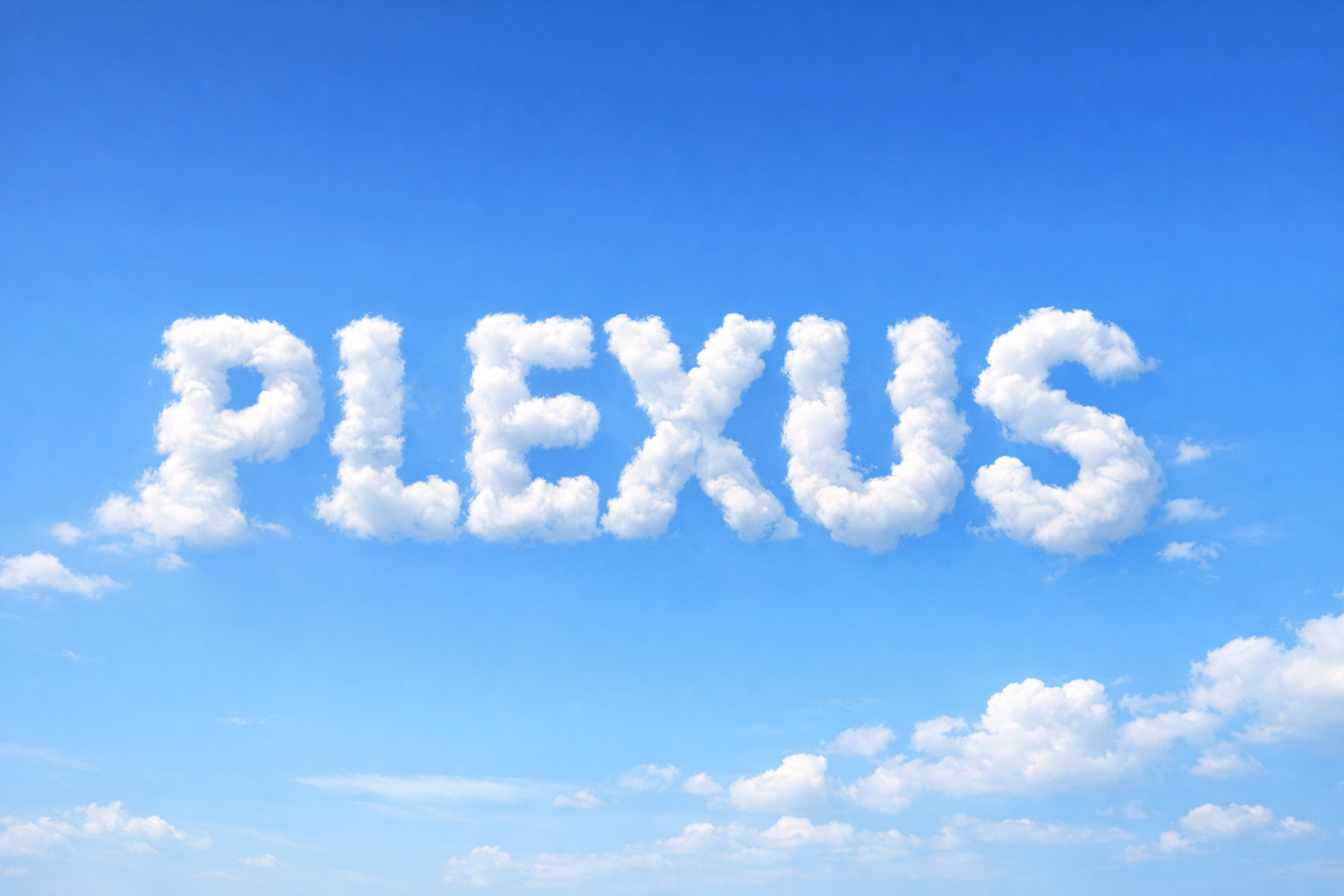 The word Plexus shaped from clouds in a blue sky.