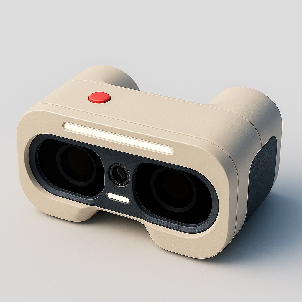 Cream binocular-style spatial camera concept with a red capture button.