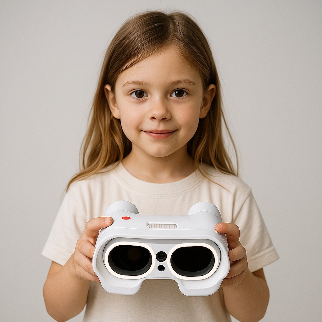 Child holding a white binocular-style spatial camera concept.